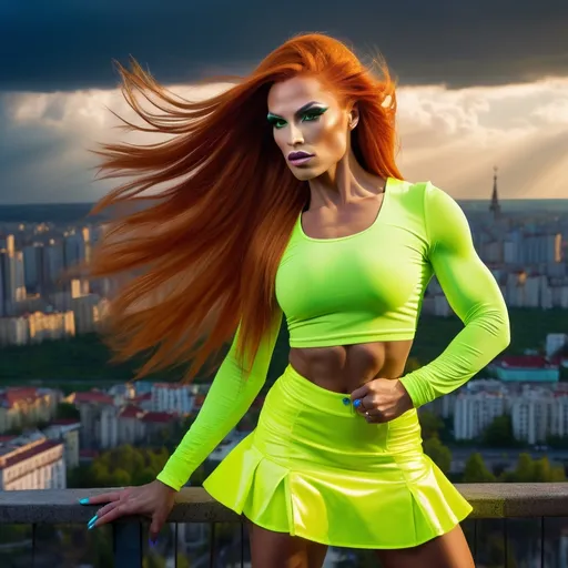 Prompt: Gorgeous ultra-muscular 25-year-old Romania drag queen bodybuilder with ridiculously long straight shiny dark orange hair (blowing  in  the  wind) in colorful neon yellow and neon green mini-skirt, highly detailed face with sharply detailed blue eyes, UHD, volumetric lighting, standing on a bluff, distant storm approaching Moscow, futuristic fashion, detailed hair, elegant pose, cityscape, urban, intense gaze, highres, ultra-detailed, glamorous, fashion, atmospheric lighting, modern