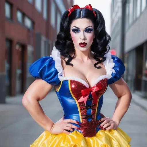 Prompt: Gorgeous ultra-muscular 25-year-old well endowed Finnish drag queen (strong masculine jawline and brow features) with dark eyeshadow,  dark lipstick, and ridiculously short shiny black hair dressed as Snow White with a yellow frilly dress, a blue & red corset, a red ribbon in her hair, and 8 inch stiletto high heel shoes.  Holding an apple in a quaint cottage.