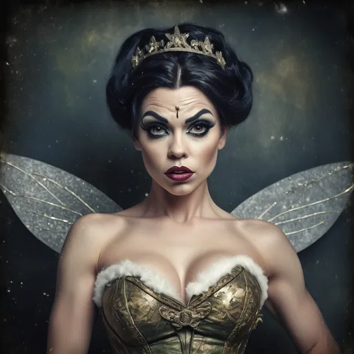 Prompt: Grunge medieval Tinkerbell drag queen bodybuilder (strong drag queen facial features), impasto, old picture effect, whimsical, highres, detailed, medieval, impasto, old picture effect, grunge, Snow White, fairy tale, dark tones, atmospheric lighting