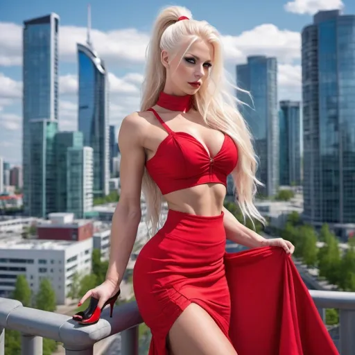 Prompt: Gorgeous ultra-muscular Finnish 25 year old goddess with huge busom and has ridiculously long platinum blonde hair tied up in a pretty ponytail held upward above her head. She wears a long red skirt with ruffles and 8 inch stiletto high heel shoes.  Futuristic city background. 