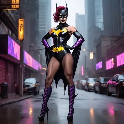 Prompt: Gorgeous muscular cyberpunk drag queen batgirl, great legs, crystal high heels,  dark lipstick.