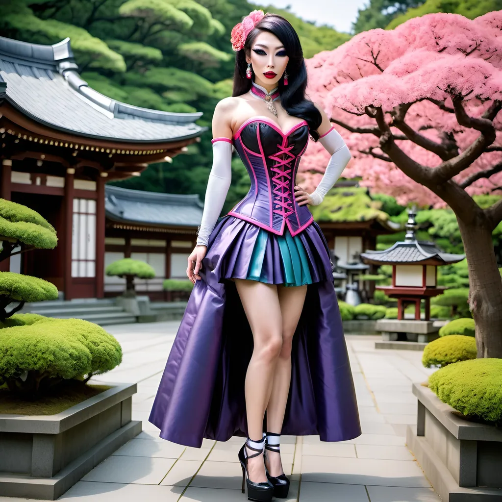 Prompt: Gorgeous 25-year-old Japanese drag queen in traditional clothing inspired corset and hobble skirt, l 8 inch stiletto high heel shoes, long muscular legs,  ultra-muscular physique, posing in Kenrokuen garden.