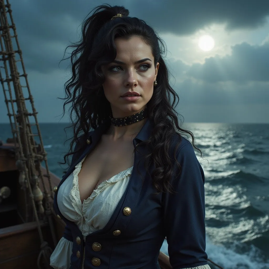 Prompt:  Gorgeous muscular 35-year-old French drag queen Pirate with long curly black hair and big busom, detailed clothing, realistic, natural lighting, shiny black hair in a ponytail, pale blue eyes, Revolutionary Era Naval Uniform, standing on the deck of a galleon, moonlight mid-battle, dramatic lighting, dynamic and intense atmosphere, moon casting silver tones, ocean waves crashing, cannons firing, ultra-detailed, cinematic masterpiece.