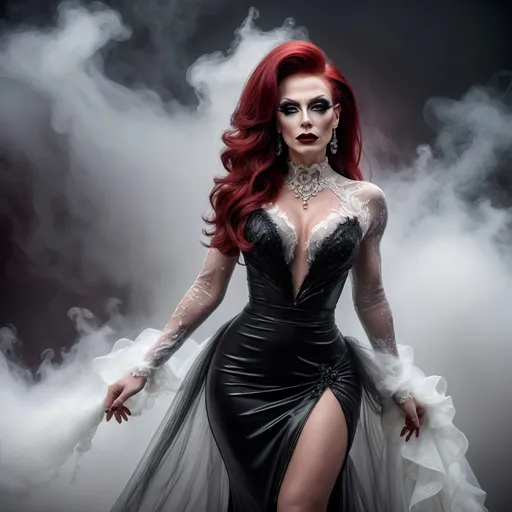 Prompt: full body shot, splash art, hyper detailed, ultra realistic, highly detailed, surreal heavy mist, AI defined exquisitely beautiful, totally ultra realistic muscular 35-year-old Polish drag queen with lusciousdark red hair, masculine jawline and brow, ultra glamorous bride, dark eyeshadow, 
Dark red lipstick, walking in a swirling fog, micro dress, on the grass, 

perfect shading, impeccable contrast, HDR, UHD, high res, 64k, cinematic lighting, special effects, hd octaneArtgerm, WLOP, dynamic studio quality lighting hyper-detailed, intricately detailed, Splash art, trending on Artstation, triadic colors, Unreal Engine 5 volumetric lighting, unreal engine, octane render.