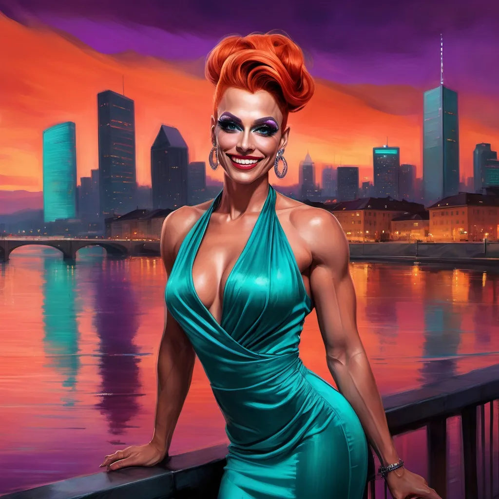 Prompt: digital painting of a city skyline with a gorgeous muscular 35-year-old Swiss drag queen (masculine jawline and brow features) with long burnt orange updo hair wearing a wrap around teal dress, smiling  and a river in the background at night time with a bright red and purple sky reflecting on the water , art photography, at night, high resolution , realism , beautiful sunset , low angle shot of the woman