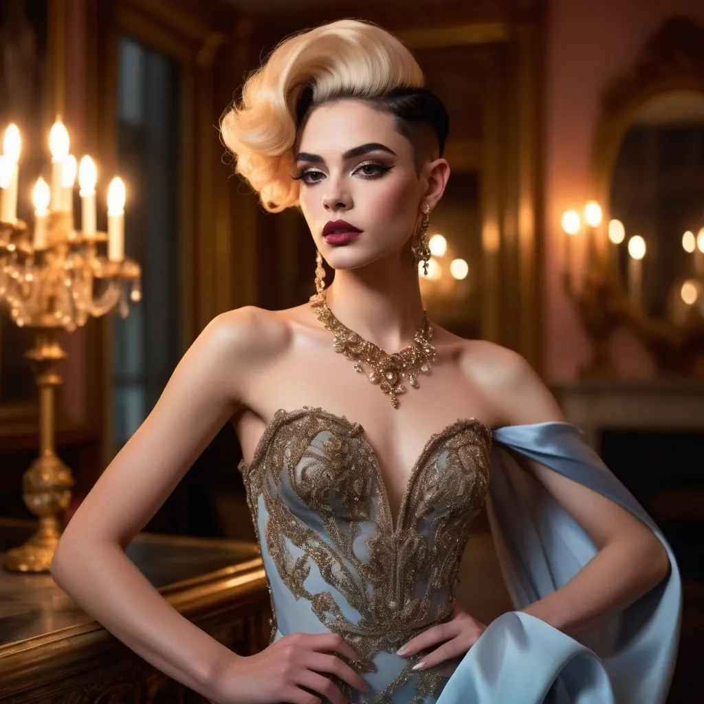 Prompt: Elegant 19-year-old French drag queen (with strong masculine jawline and brow facial features), adorned in a flowing gown that sways gracefully, radiating poise and sophistication, set against a softly blurred opulent background filled with twilight colors, exuding an atmosphere of charm and allure, high fashion portrait, ultra-detailed, luxurious textures, warm golden lighting, capturing the essence of elegance in every detail.