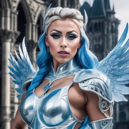 Prompt: Hot 25-year-old Czechian drag queen icemanic bodybuilder with a big rack. Modest clothing. Icy frozen hair, wearing ice blue armor with breastplate. Icy frozen angel wings. Frozen ruins behind her.