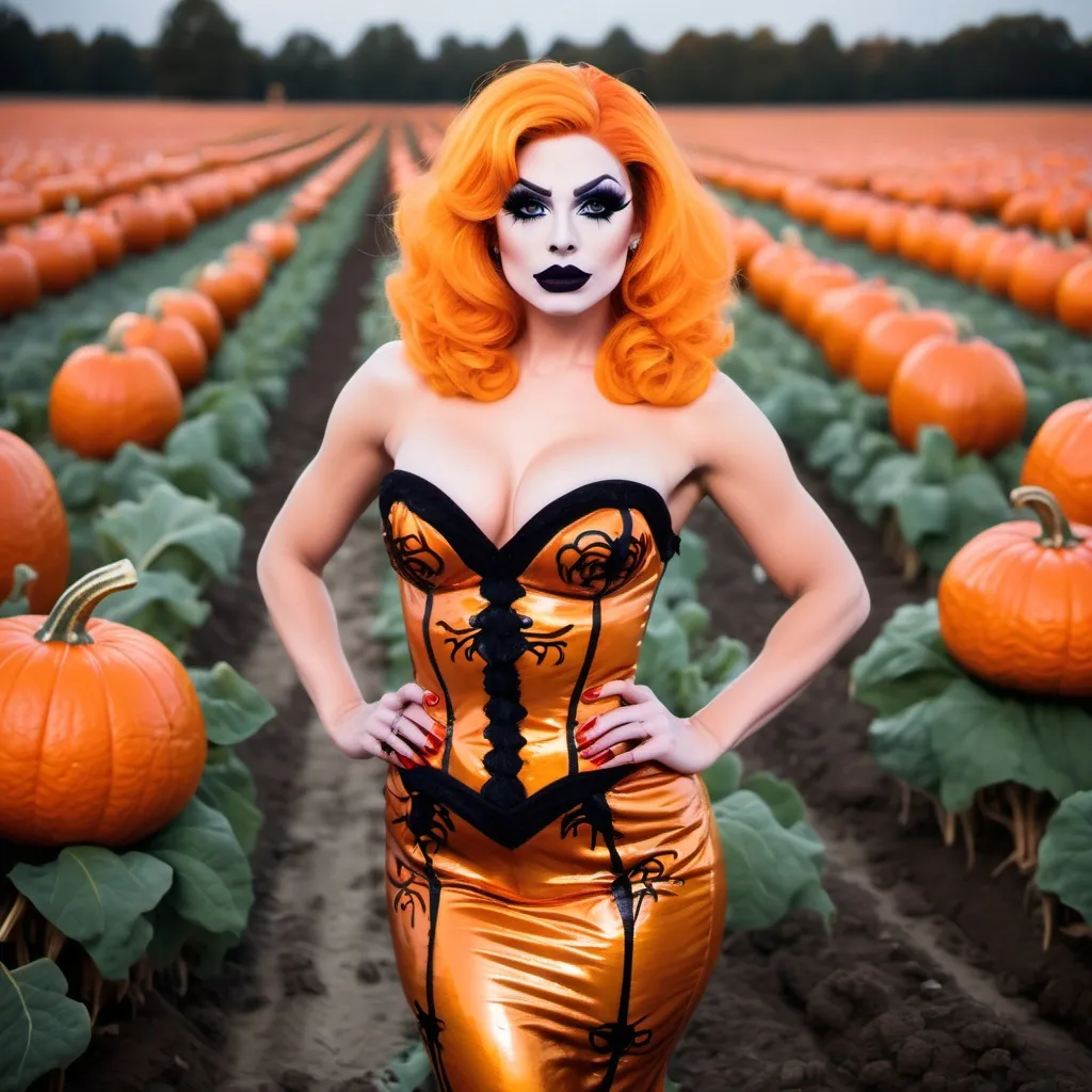 Prompt: If a Jack-o-lantern was a gorgeous 25-year-old drag queen with dark eye makeup,  dark lipstick,  8 inch stiletto high heel shoes.  Pumpkin field.