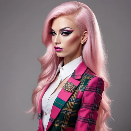 Prompt: Professional head to feet profile of a gorgeous ultra-muscular 25-year-old Finnish drag queen, intricate diamond face, very long straight shiny pink hair, arched eyebrows, button nose, intricate makeup, gold jewelry, multicolored blazer, white blouse, pleated black tartan skirt, 8 inch stiletto high heel shoes, high-res photo, detailed, realistic, professional, head to waist, vibrant colors, intricate details, high quality, indoor photo, warm light, shoulders turned away from camera, head tilted, dynamic pose