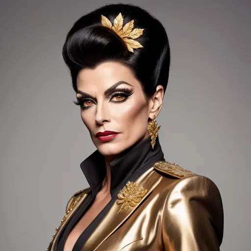 Prompt: "A gorgeous muscular Swiss drag queen in her late forties with striking dark graying hair and brown eyes that shimmer with a golden hue. She has a sharp, regal face and an air of authority. Known as the 'Golden Dutchess,' she is tall and muscular, exuding confidence and refinement. Dressed in a tailored noble coat with intricate detailing, she stands in a grand hall, her demeanor poised yet guarded, hinting at a troubled past beneath her polished exterior."