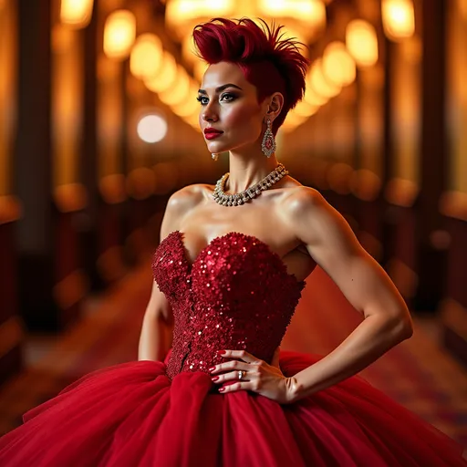 Prompt: A gorgeous ultra-muscular 25-year-old French drag queen bodybuilder with short spiky swept over dark red hair (in a stunning long shaped Moschino dress), capturing an elegant poise, set against a glamorous backdrop, rich colors blended into a high contrast scene, soft ambient lighting highlighting the dress details, stylish accessories enhancing the royal aesthetic, flowing fabric, luxurious textures, surrounded by a warm and inviting atmosphere, high definition, ultra-detailed, fashion photography.