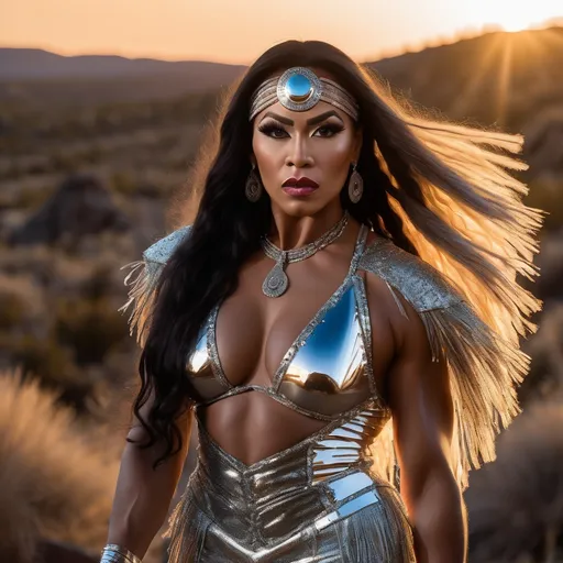 Prompt: Gorgeous muscular 25-year-old Sioux (native American) drag queen bodybuilder with huge busom and ridiculously long shiny wavy hair, wearing tradional fringed deer skin dress and 8 inch stiletto high heel shoes posing in the American mid-west wilderness at sundown.