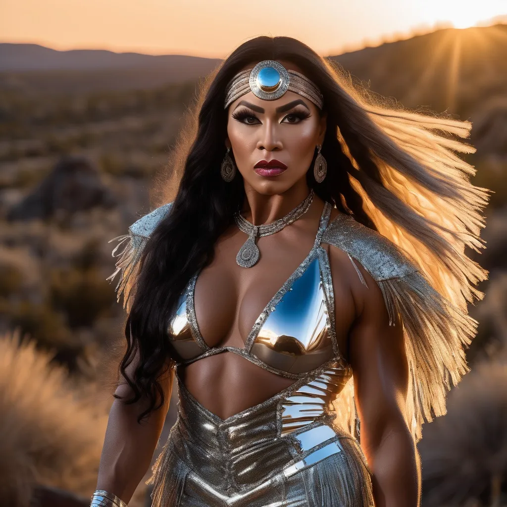 Prompt: Gorgeous muscular 25-year-old Sioux (native American) drag queen bodybuilder with huge busom and ridiculously long shiny wavy hair, wearing tradional fringed deer skin dress and 8 inch stiletto high heel shoes posing in the American mid-west wilderness at sundown.