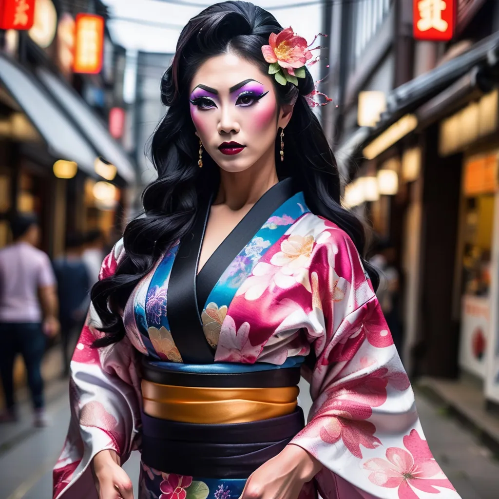 Prompt: Gorgeous muscular 25-year-old Japanese drag queen bodybuilder (masculine jawline and brow features) with dark eyeshadow, dark lipstick, and huge busom walking down the high street, detailed clothing, realistic, natural lighting, photorealistic, Japanese flower design on her kimono. Black hair in traditional Japanese style. 