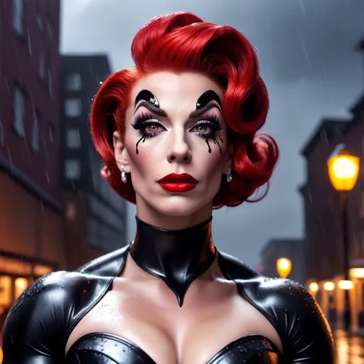 Prompt: Venom dressed as A hyper realistic flawless 25-year-old gorgeous Northern European drag queen bodybuilder with red updo hair walking the streets as a 50s housewife on a dark and rainy night. Heavy eye makeup. Dark red lipstick.