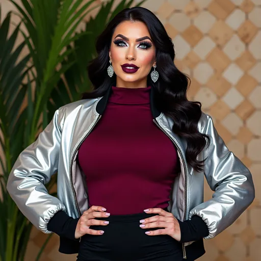 Prompt: Gorgeous muscular 35-year-old Polish drag queen bodybuilder, Patrick Nagel style, piercing blue eyes, long wavy hair, burgundy lips, dark eye shadow, silver mesh earrings with sapphire gems, big busom, metallic silver bomber jacket, turtle neck magenta sweater, black skirt, sophisticated and elegant, emphasizing her educated confident classy style, palm & rattan backdrop, bright light, cheerful ambiance, high detail & quality, (8K), (ultra-realistic), (professional photography), vibrant colors, cinematic depth, stylish pose, joyful expression, fashion-forward, luminous highlights, soft shadows, modern aesthetic.