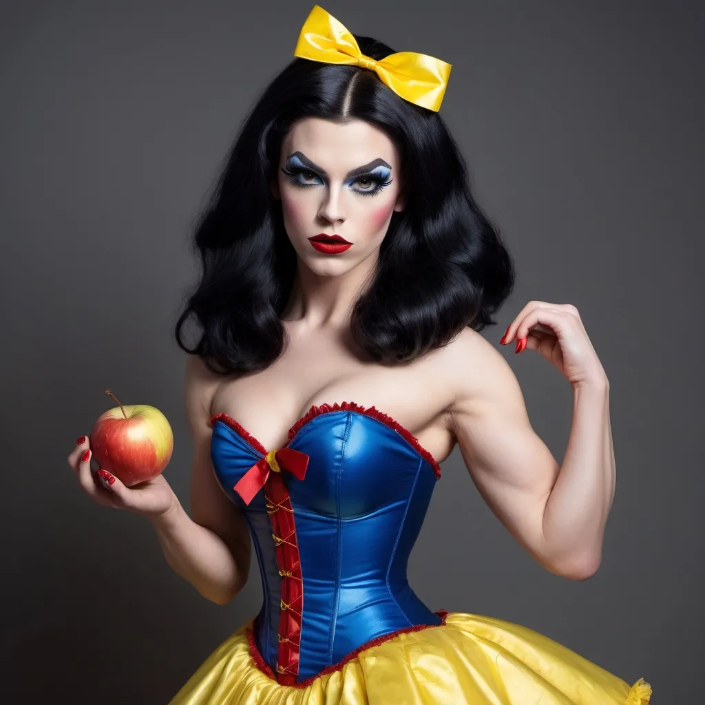 Prompt: Gorgeous ultra-muscular 25-year-old well endowed Finnish drag queen (strong masculine jawline and brow features) with dark eyeshadow,  dark lipstick, and ridiculously short shiny black hair dressed as Snow White with a yellow frilly dress, a blue & red corset, a red ribbon in her hair, and 8 inch stiletto high heel shoes.  Holding an apple in a quaint cottage.