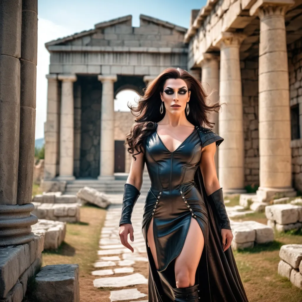 Prompt: realistc, Full female body, walking toward, gorgeous muscular Greek drag queen mistress (masculine jawline and brow features), long leather medieval dress with body, dominant stance, looking over shoulder, set between ancient ruins, magical spells in the air