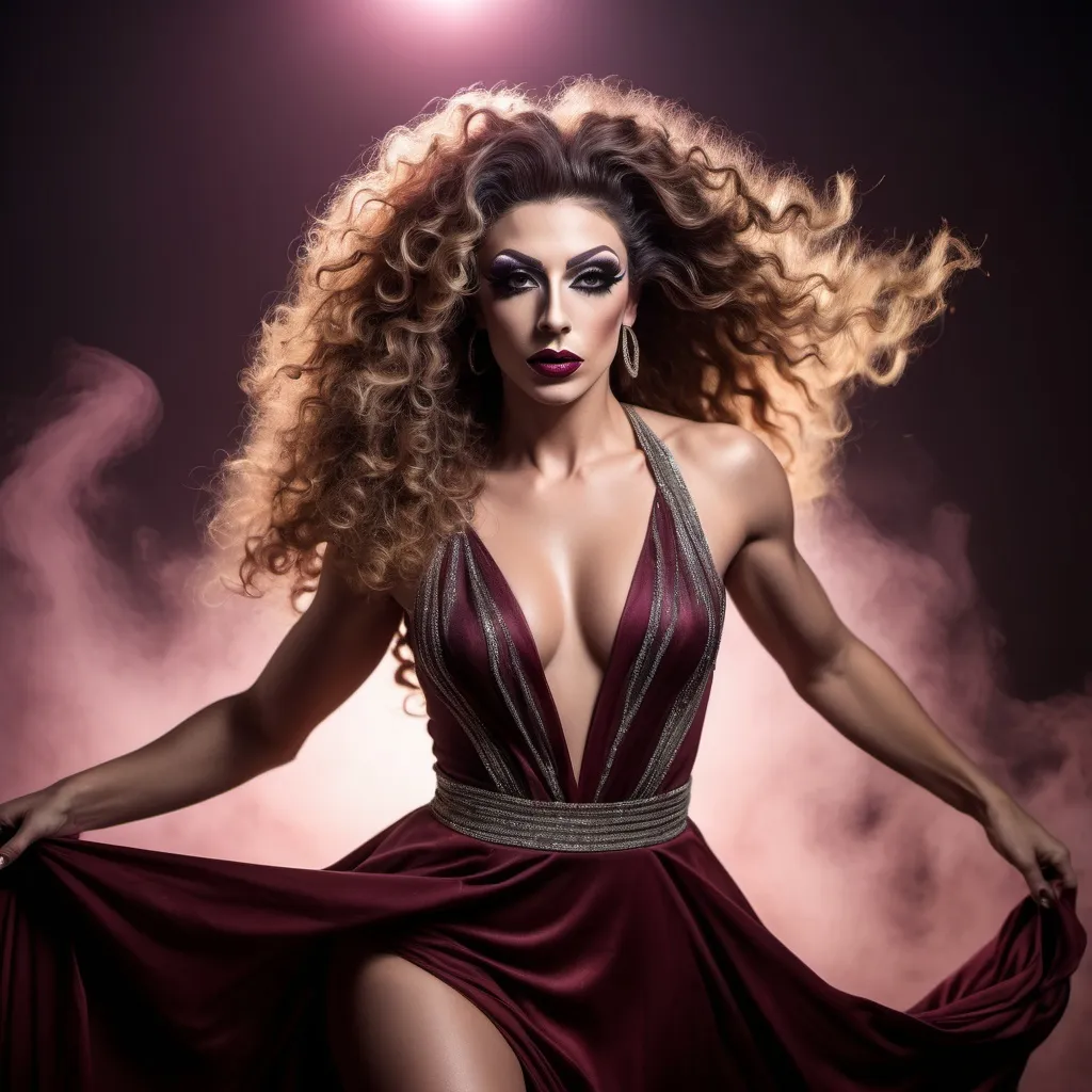 Prompt: A very masculine, yet gorgeous, muscular 25-year-old Greek drag queen dancer in motion, she wearing courful long frock, dark eyeshadow, burgundy lipstick and she has curly hair, she warship to sun , sun rise captured with long exposure photography Nikon D850 DSLR camera f/4. ISO 200
