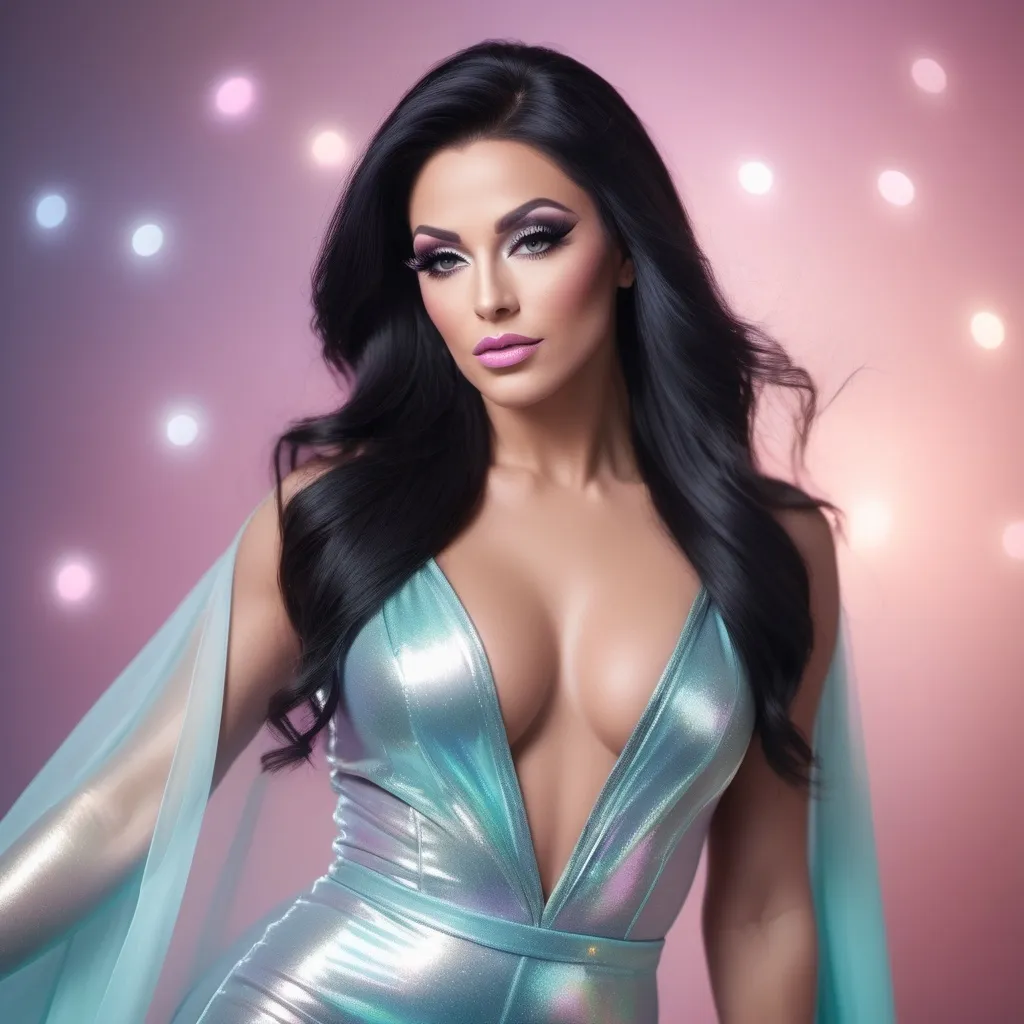 Prompt: Dreamy pastel portrait, gorgeous 25-year-old Norwegian drag queen bodybuilder, very well endowed, ridiculously long straight shiny black hair, and long muscular legs, wearing tight robes and 8 inch stiletto high heel shoes, ethereal atmosphere, soft focus