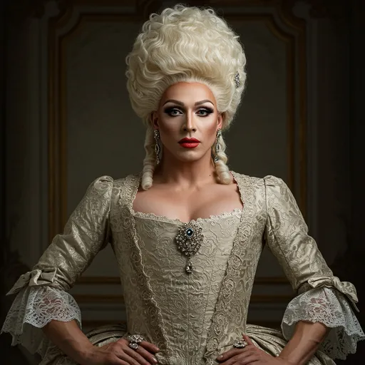 Prompt: Full body Rococo era portrait of a gorgeous muscular 35-year-old Polish drag queen, oil painting, luxurious dress, elaborate hairstyle, ornate jewelry, soft colors, soft and diffused lighting, high quality, detailed brushwork, elegant and refined, opulent setting, intricate lace details, classic beauty, historical art, Rococo style, delicate features, aristocratic charm