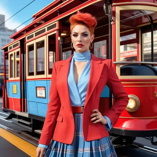 Prompt: Hyper-realistic 8k hd hi-res digital photography (Gorgeous California caucasian drag queen(with strong masculine jawline and brow features)), stepping onboard the bright red (San Francisco Cable Car), chic (pixie cut red hair), radiant face, wearing a stylish (sky-blue blazer), (knit top), and a (light blue plaid pleated skirt), paired with (black fashion boots), set against a vibrant, (sunny day), bustling atmosphere, (dynamic scene). Captured in ultra-detailed (8K) resolution, photorealistic style.