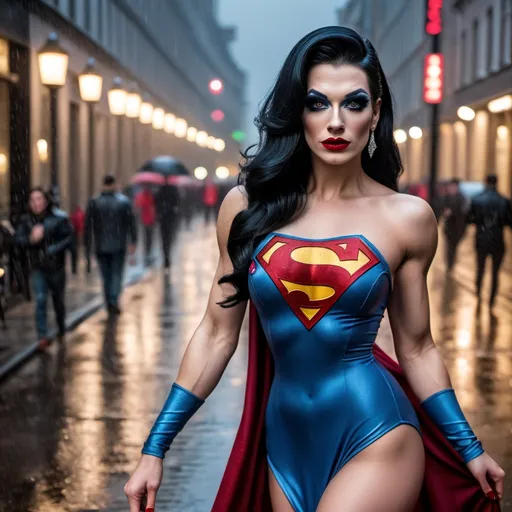 Prompt: Superman dress as A hyper realistic flawless 25-year-old gorgeous Northern European drag queen bodybuilder with black hair walking the streets as a classy debutante on a dark and rainy night. Heavy eye makeup. Dark red lipstick.