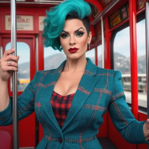 Prompt: Hyper-realistic 8k hd hi-res digital photography (Gorgeous California caucasian drag queen bodybuilder (with strong masculine jawline and brow features and large busom)), stepping onboard the bright red (San Francisco Cable Car), chic (spiky pixie cut Black hair), radiant face, wearing a stylish (teal blazer), (knit top), and a (teal plaid pleated skirt), paired with (black fashion stiletto boots), set against a vibrant, (sunny sunset), bustling atmosphere, (dynamic scene). Captured in ultra-detailed (8K) resolution, photorealistic style.