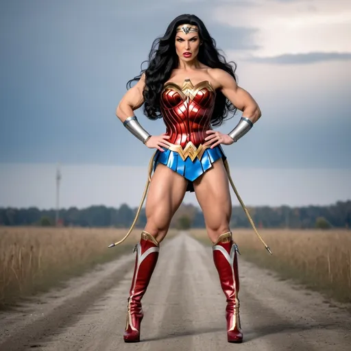 Prompt: Gorgeous ultra-muscular 25-year-old Baltic drag queen bodybuilder Wonder Woman (((DC Comics))) with large busom and long black shiny hair, 8 inch stiletto high heel boots. Twirling her golden lasso on a battlefield. 