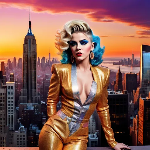 Prompt: Justin Beiber dressed as a 25-year-old gorgeous drag queen Madonna posing on the ledge of a building, high above NYC.