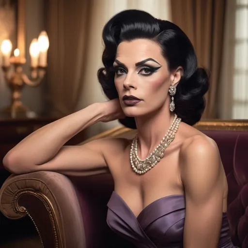 Prompt: photorealistic, (old Hollywood 1960s style), (a Gorgeous muscular 40-year-old Hungarian drag queen (extremely strong masculine jawline and brow features)), elegant attire, dark eye makeup, dark lipstick, full length body, soft lighting capturing a nostalgic atmosphere, muted pastel colors, random hair color, random hair length, timeless beauty, luxurious and refined setting, classic film vibe, vintage glamour, intricately detailed background elements, opulent decor, art deco influences, airy ambiance, warm tones, HD, ultra-detailed, cinematic quality.