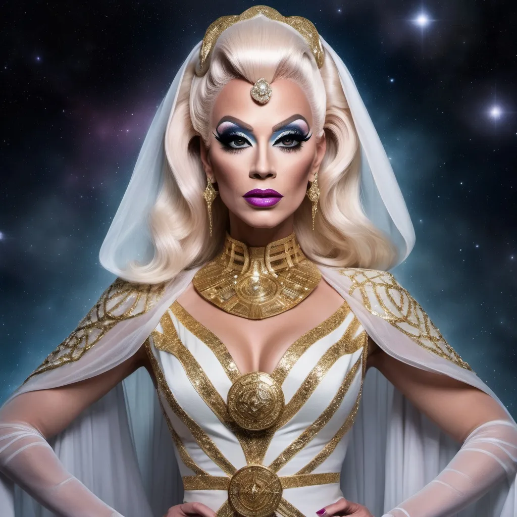 Prompt: The most beautiful drag queen on Alderaan wearing the traditional Alderaan dress.