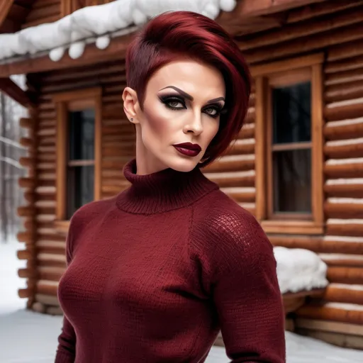 Prompt: Extremely beautiful, muscular 35-year-old Russian drag queen, detailed very short stylish dark red hair, flawless skin, dark eye makeup, dark lipstick, detailed eyes, natural beauty, very strong masculine jawline, form-fitting seasonal sweater, cozy modern log cabin interior background, winter season, realistic professional photography, high quality, detailed, realistic, cozy, ginger, long hair, flawless skin, candid moment, modern log cabin, seasonal sweater, detailed eyes, natural beauty, professional photography, winter season, cozy lighting