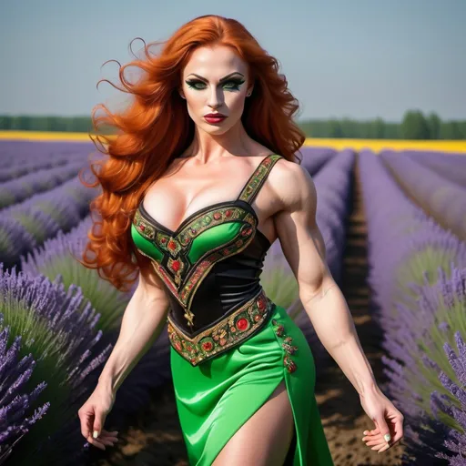 Prompt: Generate gorgeous muscular 25-year-old Ukrainian drag bodybuilder (very strong masculine jawline and brow features) with big busom, long wavy bright red hair and green eyes, she is dressed in traditional Ukrainian dress and 6 inch stiletto heels, dark eyeshadowand dark liostick, she is running thru the lavanda field, her arms are up to the sun , she is smile and her face is shine with positive mood and talking phone