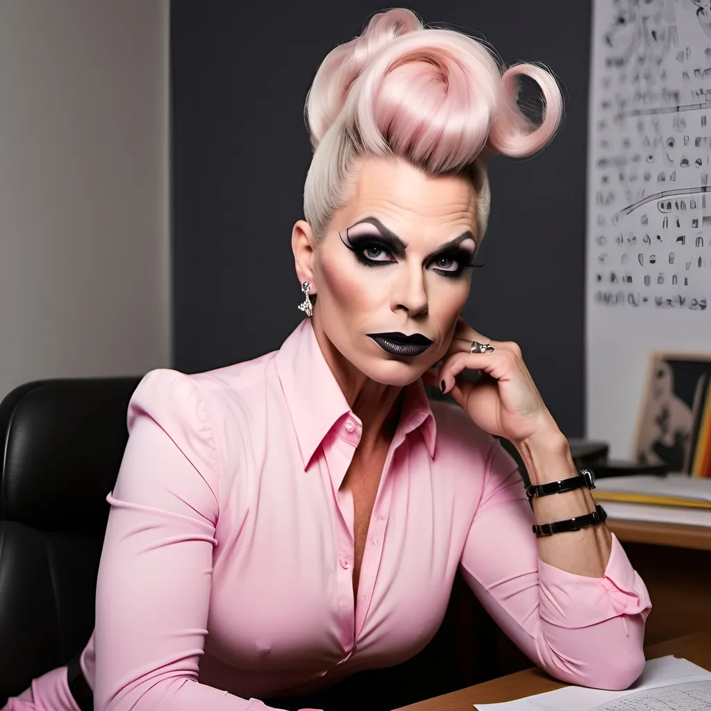 Prompt: Gorgeous muscular 45-year-old Swedish drag queen (prim and proper) science teacher with platinum pink high updo, dark eyeshadow and dark lipstick (((strong masculine jawline and brow))) sitting flirtatiously on her desk.