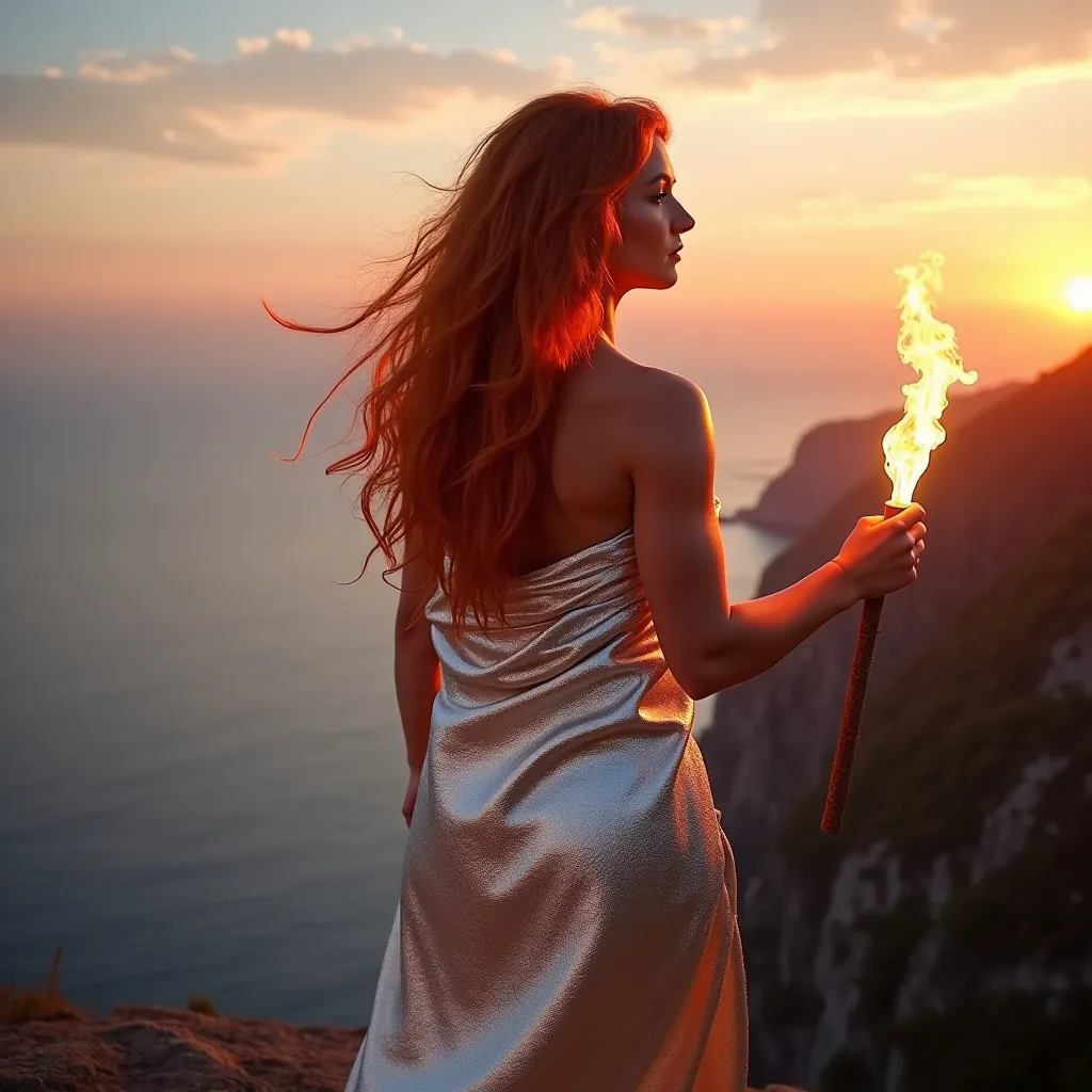 Prompt: Gorgeous ultra-muscular 25-year-old Czechian drag queen bodybuilder with very long dark orange wavy hair wearing a shimmering silver robe wrapped around her body and waving a glowing wand tipped with fire which glows brightly. Standing at the top of a cliff at dawn.