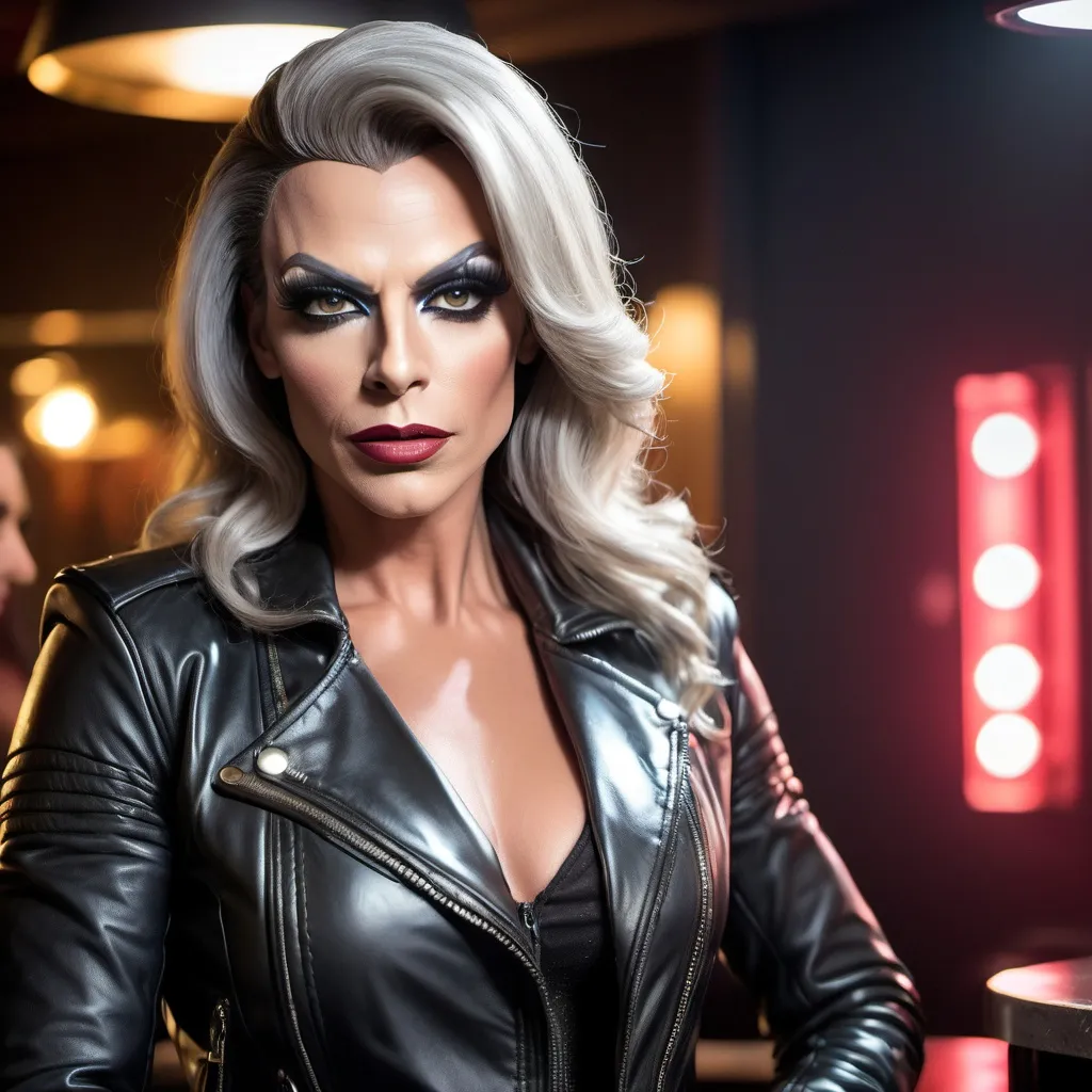 Prompt: a gorgeous muscular 35-year-old French drag queen (masculine facial features) in a leather jacket posing for a picture, biker bar photo, dark make up, arik roper, images on the sales website, in 2 0 1 8, render of april, sabina klein, perfect face and body, tall female angel, felix englund, with grey skin, dark lips