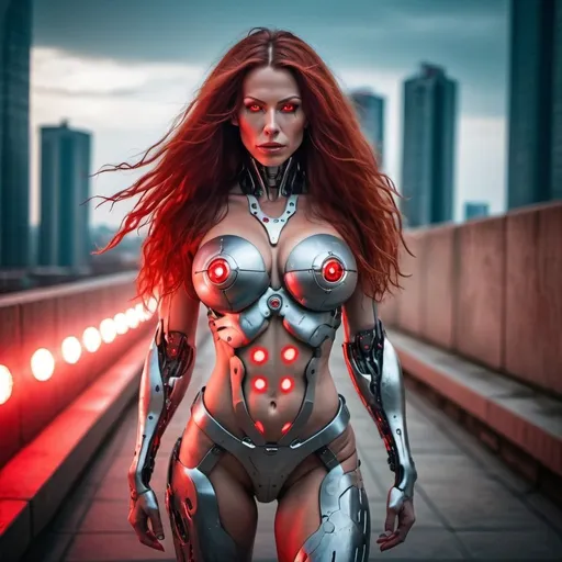 Prompt: Futuristic muscular 35 year old Dutch goddess cyborg with red lit eyes, huge busom and long dark red flowing hair walking down a hill of a futuristic sterile concrete and iron cityscape, head-to-toe photography 