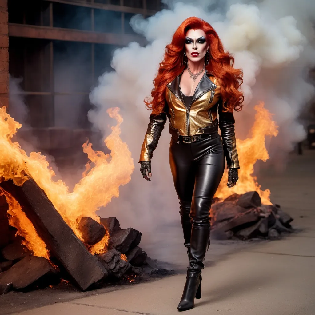 Prompt: Gorgeous muscular demon drag queen, long red wavy hair, leather dark black pants, golden leather jacket, 8 inch stiletto knee-high boots. Walking through fire and brimstone. Detailed gorgeous drag queen face.