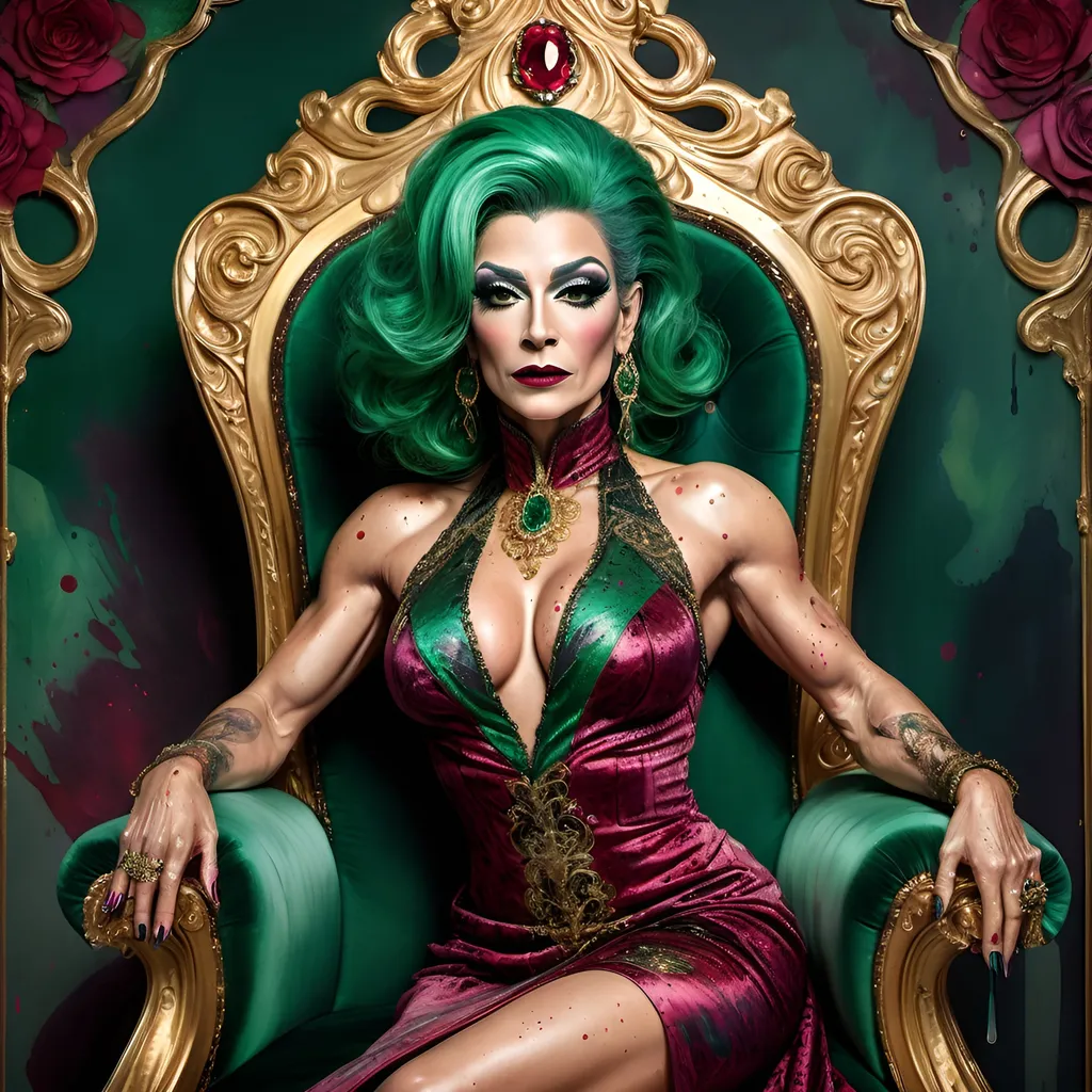 Prompt: a gorgeous muscular 45-year-old Turkish drag queen, salt & pepper hair, detailed ornate emerald and ruby cloth robe, dark eye makeup and dark lipstick, dramatic lighting, digital watercolor painting, paint splatter, bold brush strokes, art nouveau, majestic queen sitting on her throne (made of gold) in an elegant (colorfull flower dress), ornate very big throne with  diamonds and flowers adorned with delicate mycstical (colorfull) and glimmering (diamonds), mythical  looming behind, captivating atmosphere, dramatic lighting, ethereal ambiance, richly detailed backgrounds, (HD, ultra-detailed) fairy-tale setting, tension filled with reverence and power.