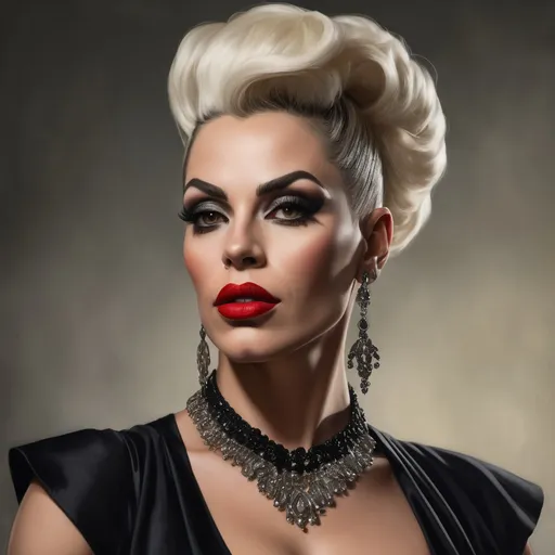 Prompt: a Gorgeous muscular 35-year-old Portuguese drag queen (very strong masculine jawline and brow features) with a necklace and earrings on her neck and red lips and a black dress on her chest, Edwin Georgi, gothic art, highly detailed digital painting, a photorealistic painting