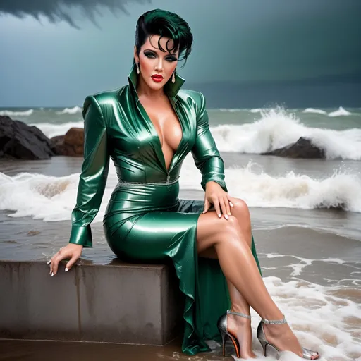 Prompt: photo of Elvis dressed up as a gorgeous ultra-muscular drag queen, in soaking wet clothes, wet silver stiletto high heel sandals, rain storm, dark green ballgown,  , sitting by the sea,   enjoying, wet clothes stuck to body,  detailed textures of the wet clothes, wet face, wet plastered dark orange hair,  wet, drenched, professional, high-quality details, full body view , blonde