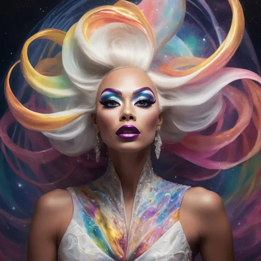 Prompt: Inspired by the quote 'The biggest adventure you can ever take is to live the life of your dreams,' create a surreal portrait of resilience. Depict a being of light, composed of swirling, luminous energy, rising from a chaotic yet beautiful cosmic landscape. This drag queen, a symbol of hope and strength, reaches towards a radiant source of light, their form echoing the intricate patterns and fractals of the universe. The artwork should evoke a sense of both intimacy and vastness, with a color palette of warm, glowing hues like gold, peach, and soft blues. Emphasize detailed textures and patterns, such as swirling clouds, intricate filigree, and cosmic dust. The lighting should create a soft, ethereal glow emanating from the being of light, conveying a sense of hope and renewal.
