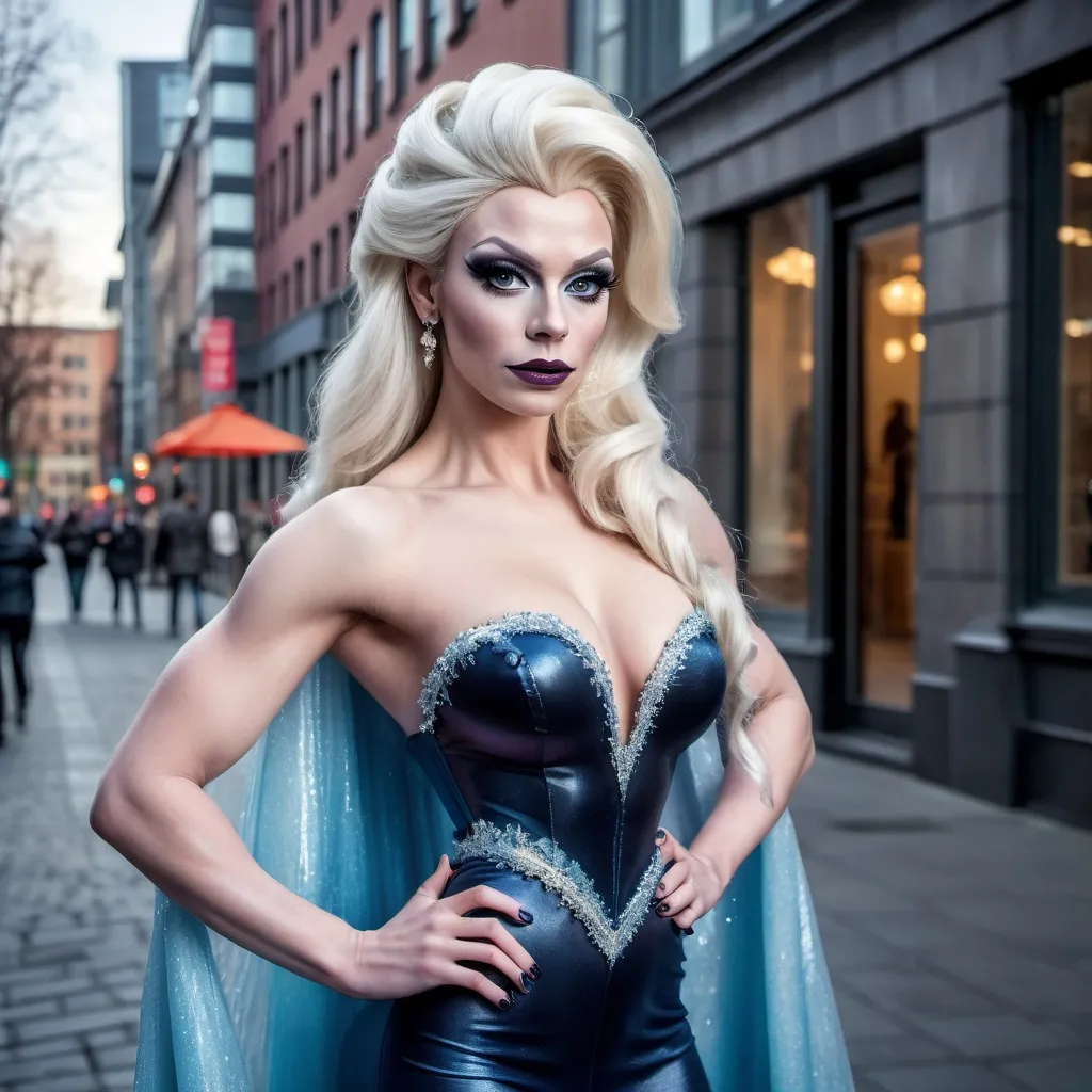 Prompt: Full body shot of a gorgeous muscular 25-year-old Finnish drag queen dressed as Elsa wearing dark eyeshadow and dark lipstick, in the city AI defined exquisitely beautiful, totally ultra realistic young adult drag queen, gorgeously detailed, well endowed, perfect body proportions, pale, ultra glamorous, perfect shading, impeccable contrast, HDR, UHD, high res, 64k