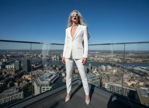 Prompt: full-body pose, 40-year-old British drag queen with long stylish silver hair, wearing a sleek white business suit and white choker, with sparkling white high heels, black lipstick, confidently standing on a balcony of a high-rise building, white mirrored sunglasses reflecting the bright cityscape below, under a clear blue sky, the sun casting dynamic shadows, creating a modern, powerful vibe, ultra-detailed, high-definition, capturing the essence of urban professionalism and ambition.