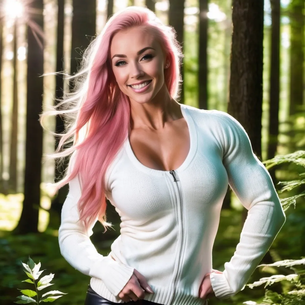 Prompt: Close shot, beautiful smiling tall ultra-muscular 25-year-old Finnish goddess bodybuilder with huge busom and pink medium length hair, white & green long sweater, 6 inch thigh-high patent leather black high heel boots, standing in a forest, rays of sunshine shine through the leaves.