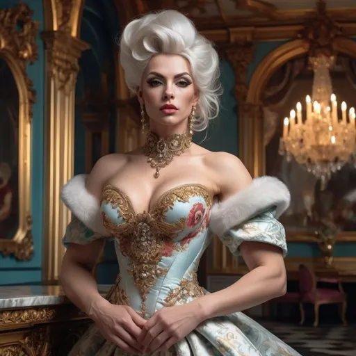 Prompt: In Rokoko Style, the main subject is a gorgeous muscular 35-year-old Czechian bodybuilder drag queen (with masculine facial features) with big busom, She is seen in an opulent, Rococo-inspired mood painted by a blend of Artgerm and Rubens, breathtaking white rokoko updo hair, wearing an elaborate dress in vibrant winter colors. The dress is rich in architectural details and voluminous, adding to the grandeur of the image. This portrayal of the young woman is either a painting, showcasing her in an indoor palace setting. The background is teeming with an abundance of intricate and ornate elements, further accentuating the luxurious ambiance. The description aims to convey the exceptional quality of the image, capturing the viewer's attention through its extraordinary attention to detail and the lavishness it exudes. Composition focus on the dress.