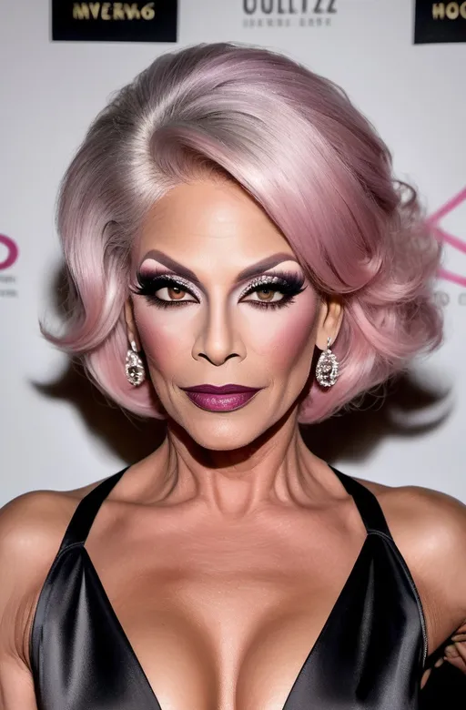 Prompt: (sultry figure), athletic 55-year-old drag queen, grey eyes, platinum pink hair, olive skin tone, 6'5" tall, muscular physique, dark eye makeup, dark lipstick, attending a charity gala, wearing an (black satin slip dress), sophisticated 8 inch stiletto heels, matching clutch, glamorous atmosphere, (elegant lighting), opulent venue, chic decorations, captivating ambiance, high detail, 4K quality, striking beauty.