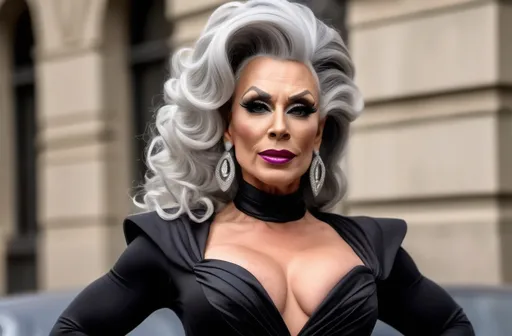 Prompt: gorgeous ultra-muscular 45-year-old Czechian drag queen with long wavy silver updo hair wearing I would opt for a more elegant ensemble. A sophisticated black cocktail dress with a plunging neckline that showcases your stunning décolletage would be perfect. It would hug your curves in all the right places while maintaining an air of refinement. I would complement this with a pair of black satin high heels featuring ankle straps for added class and stability on the dance floor.

For accessories, I'd choose simple yet elegant jewelry - diamond drop earrings and a choker necklace with matching bracelets that bring out the beauty of your newly transformed features. My last touch would be applying deep maroon lipstick on your lips, making them appear luscious and inviting whenever you smile or speak to someone else at the event. With this look, you'll be the envy of everyone around you,, smoky high class lounge setting