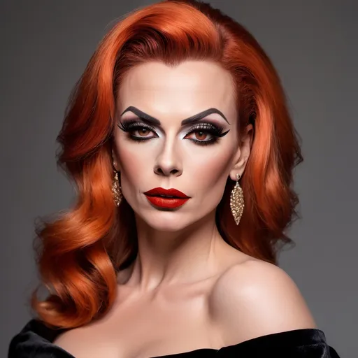 Prompt: Gorgeous, fair-skinned, muscular 35-year-old Russian drag queen, with extremely strong masculine jawline and brow, big, shoulder length sassy orange gair, big busom, dark eyeshadow,  heavy mascara,  and dark red lipstick, wearing a very posh black crashed velvet knee-length pencil skirt,  seamed nylon stockings, white off the shoulder crushed velvet camisole top, and 8 inch stiletto heels. Walking the streets of Moscow at sunlight.